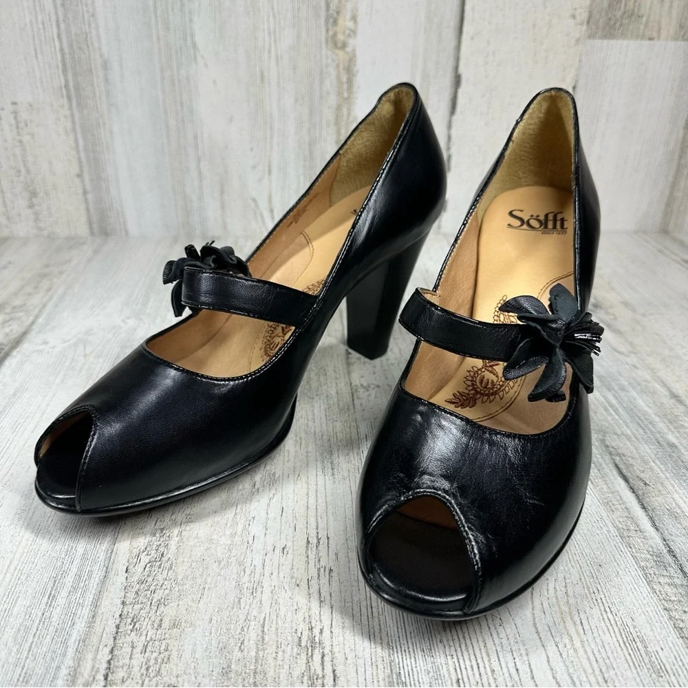 New Sofft Geva Black Leather Peep Toe Stacked Heel Mary Jane